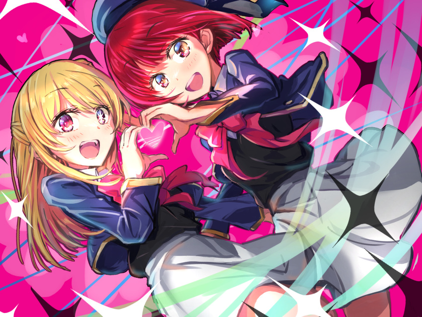 2girls arima_kana beret black_vest blonde_hair blue_headwear blue_jacket blush bow bowtie collared_shirt commentary_request cropped_jacket grey_skirt hat heart heart_hands heart_hands_duo highres hoshino_ruby jacket k2pudding long_hair mismatched_pupils multiple_girls one_side_up open_mouth oshi_no_ko pink_bow pink_bowtie pink_eyes red_eyes red_hair school_uniform shirt short_hair sidelocks skirt sparkle star-shaped_pupils star_(symbol) symbol-shaped_pupils vest youtou_high_school_uniform