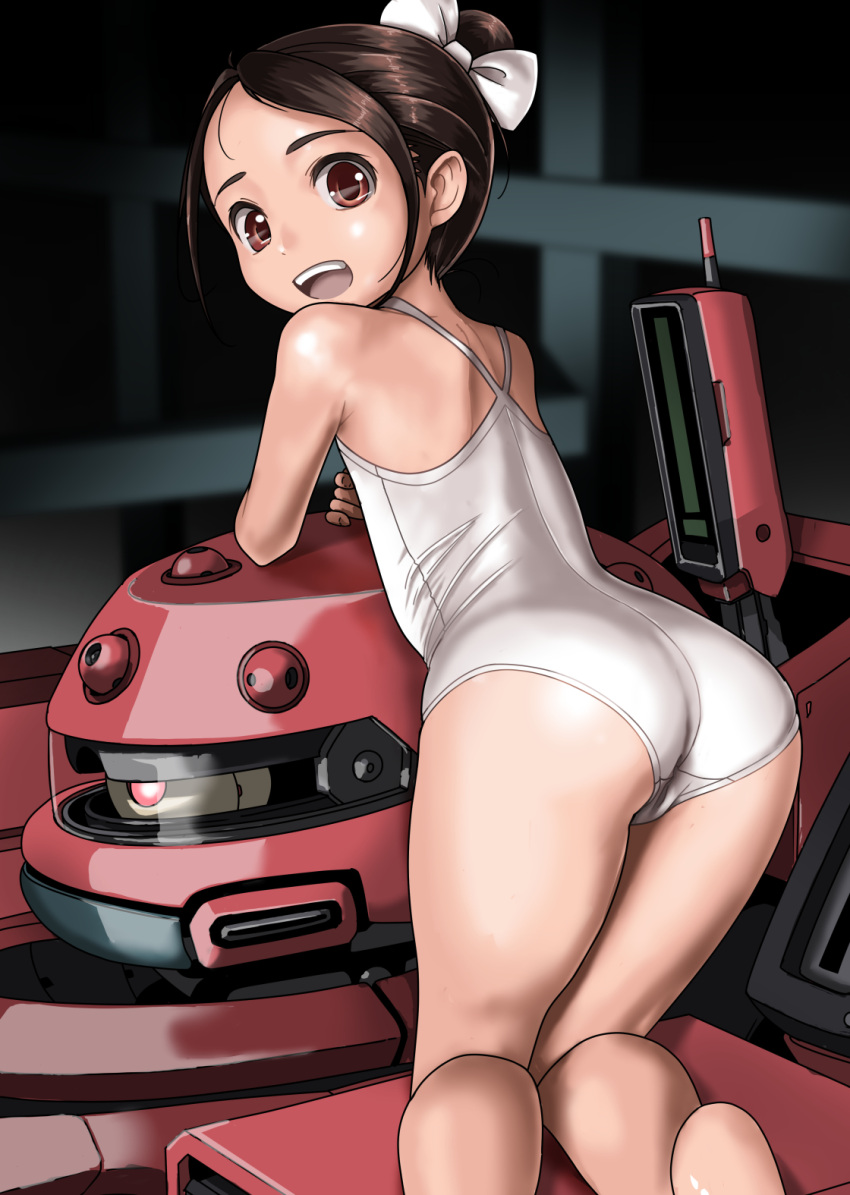 1girl :d ass back bare_legs bare_shoulders black_hair bow brown_eyes brown_hair casual_one-piece_swimsuit from_behind hair_bow hair_bun highres looking_at_viewer looking_back one-piece_swimsuit open_mouth original robot rohitsuka school_swimsuit single_hair_bun smile solo swimsuit thighs white_bow white_one-piece_swimsuit