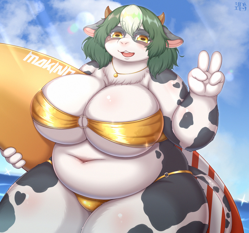 2023 anthro big_breasts bikini blush bovid bovine breasts cattle clothing english_text female gesture gold_(metal) gold_bikini gold_jewelry gold_necklace golden_week hi_res holstein_friesian_cattle horn huge_breasts jewelry kemono mammal navel necklace overweight overweight_anthro overweight_female sea shibaemonxsk sky solo surfboard swimwear text thick_thighs v_sign water