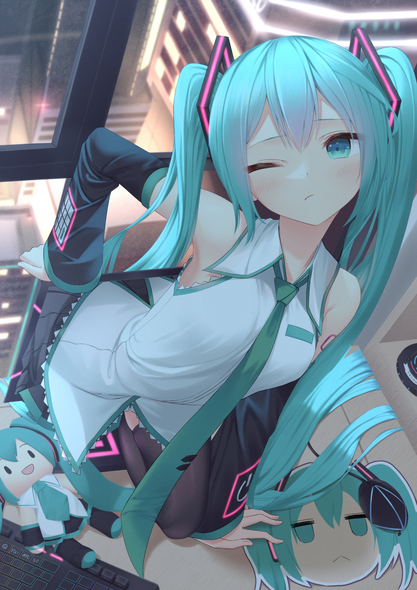 1girl absurdres aqua_eyes aqua_hair aqua_necktie bare_shoulders black_skirt black_sleeves blush breasts building chinese_commentary city closed_mouth commentary_request desk detached_sleeves dot_nose grey_shirt hair_ornament hatsune_miku highres indoors keyboard_(computer) long_hair looking_at_viewer mouse_(computer) mousepad_(object) necktie night number_tattoo on_desk one_eye_closed raimeso235 shirt shoulder_tattoo skirt sleeveless sleeveless_shirt small_breasts solo stuffed_toy tattoo thighhighs twintails variant_set very_long_hair vocaloid window