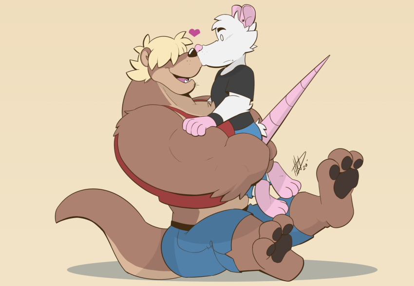 &lt;3 anthro barefoot blonde_hair bottomwear brown_body brown_fur clothing duo feet fur hair hi_res hikazedragon male male/male mammal marsupial muscular muscular_male mustelid my_bigger_boyfriend noses_touching ocean_otter otter pink_nose pink_tail possum pride_possum shadow shirt shorts simple_background t-shirt tail topwear white_body white_fur