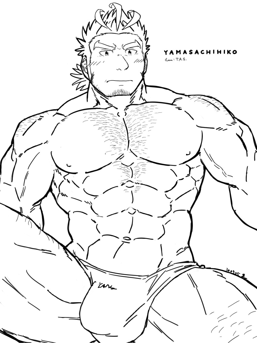 1boy abs bara blush body_hair bulge chest_hair facial_hair feet_out_of_frame goatee greyscale hairy highres large_bulge large_pectorals leg_hair long_sideburns looking_at_viewer male_focus male_swimwear mature_male monochrome muscular muscular_male navel nipples pectorals saro_(rotsw_00022) short_hair sideburns solo spread_legs stomach stubble swim_briefs thick_thighs thighs tokyo_afterschool_summoners topless_male yamasachihiko_(housamo)