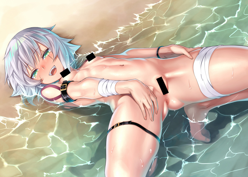 1girl anus ass bandaged_arm bandages bar_censor beach blush breasts censored day fate/apocrypha fate_(series) green_eyes grey_hair highres jack_the_ripper_(fate/apocrypha) looking_at_viewer navel nude open_mouth orochi_itto outdoors scar scar_across_eye scar_on_cheek scar_on_face short_hair shoulder_tattoo small_breasts smile solo spread_legs tattoo thigh_strap water wet