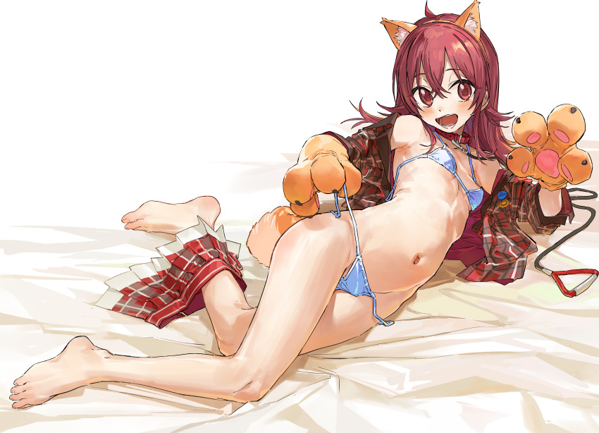 1girl absurdres ahoge animal_collar animal_ears animal_hands bare_legs barefoot bed_sheet bikini blush breasts checkered_clothes checkered_shirt checkered_skirt collar commentary dog_ears dog_tail fake_animal_ears fake_tail gloves groin hair_between_eyes hands_up highres idolmaster idolmaster_shiny_colors komiya_kaho legs long_hair long_sleeves looking_at_viewer lying micro_bikini navel on_bed open_clothes open_mouth open_shirt orange_gloves paw_gloves perorin pleated_skirt red_eyes red_hair red_shirt red_skirt shirt side-tie_bikini_bottom sidelocks skirt skirt_around_one_ankle small_breasts solo stomach swimsuit tail teeth thighs white_background white_bikini