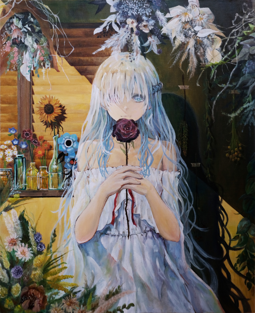 1girl absurdres anemone_(flower) bare_shoulders blue_eyes blue_hair braid daisy dress flower flower_request french_braid hair_over_one_eye heterochromia highres holding holding_flower indoors isekai_joucho kamitsubaki_studio kken_(cwproject_kt) light_smile long_hair looking_at_viewer multicolored_hair nemophila_(flower) oil_painting_(medium) own_hands_together painting_(medium) red_eyes shadow solo straight-on strapless strapless_dress sunflower traditional_media two-tone_hair upper_body vase very_long_hair virtual_youtuber white_dress white_hair