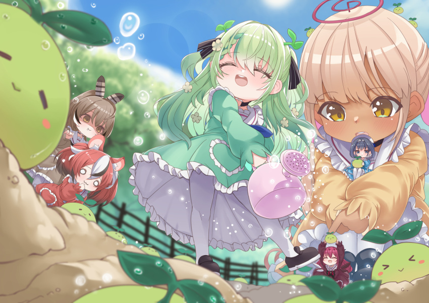 6+girls absurdres aged_down animal_ears brown_eyes brown_hair ceres_fauna chibi child closed_eyes dirt dress feather_hair_ornament feathers female_child fence frilled_dress frills from_below green_hair hair_between_eyes hair_ornament hakos_baelz highres holocouncil hololive hololive_english horns irys_(hololive) leaf long_skirt medium_hair multiple_girls nanashi_mumei open_mouth ouro_kronii outdoors pantyhose puffy_sleeves red_hair sapling_(ceres_fauna) senbon_tsuki size_difference skirt smile sprout teeth tsukumo_sana twintails upper_teeth_only water water_drop