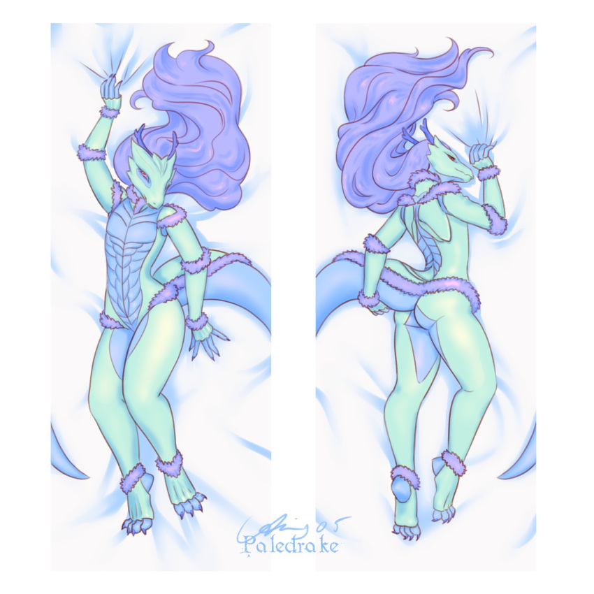 1:1 ais05 anthro butt claws dakimakura_design dragon female hair heidi_(the7thprimarch) hi_res horn looking_at_viewer lying nude on_back paledrake_(artist) purple_hair raised_tail scalie simple_background smile solo tail