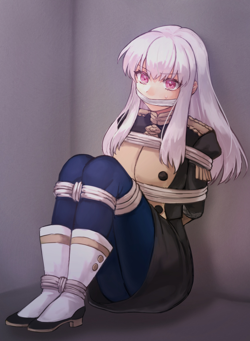 1girl absurdres arms_behind_back bdsm black_jacket black_skirt blue_pantyhose bondage boots bound bound_ankles bound_legs cloth_gag commentary_request fire_emblem fire_emblem:_three_houses gag gagged garreg_mach_monastery_uniform hazuki_(nyorosuke) highres improvised_gag indoors jacket juliet_sleeves knees_up long_hair long_sleeves lysithea_von_ordelia miniskirt pantyhose pink_eyes puffy_sleeves revision rope sidelocks sitting skirt skirt_set solo white_footwear white_hair