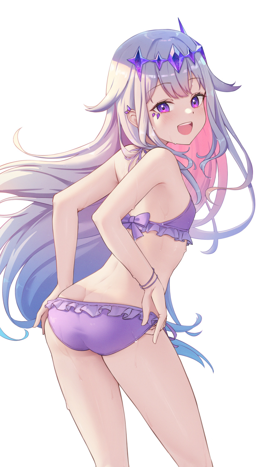 1girl absurdres ass bikini circlet colored_inner_hair flat_chest frilled_bikini frills from_behind grey_hair hair_ornament highres hololive hololive_english jewel_under_eye koseki_bijou long_hair looking_at_viewer looking_back multicolored_hair open_mouth pink_hair purple_eyes shironekokfp simple_background smile solo swimsuit virtual_youtuber wet