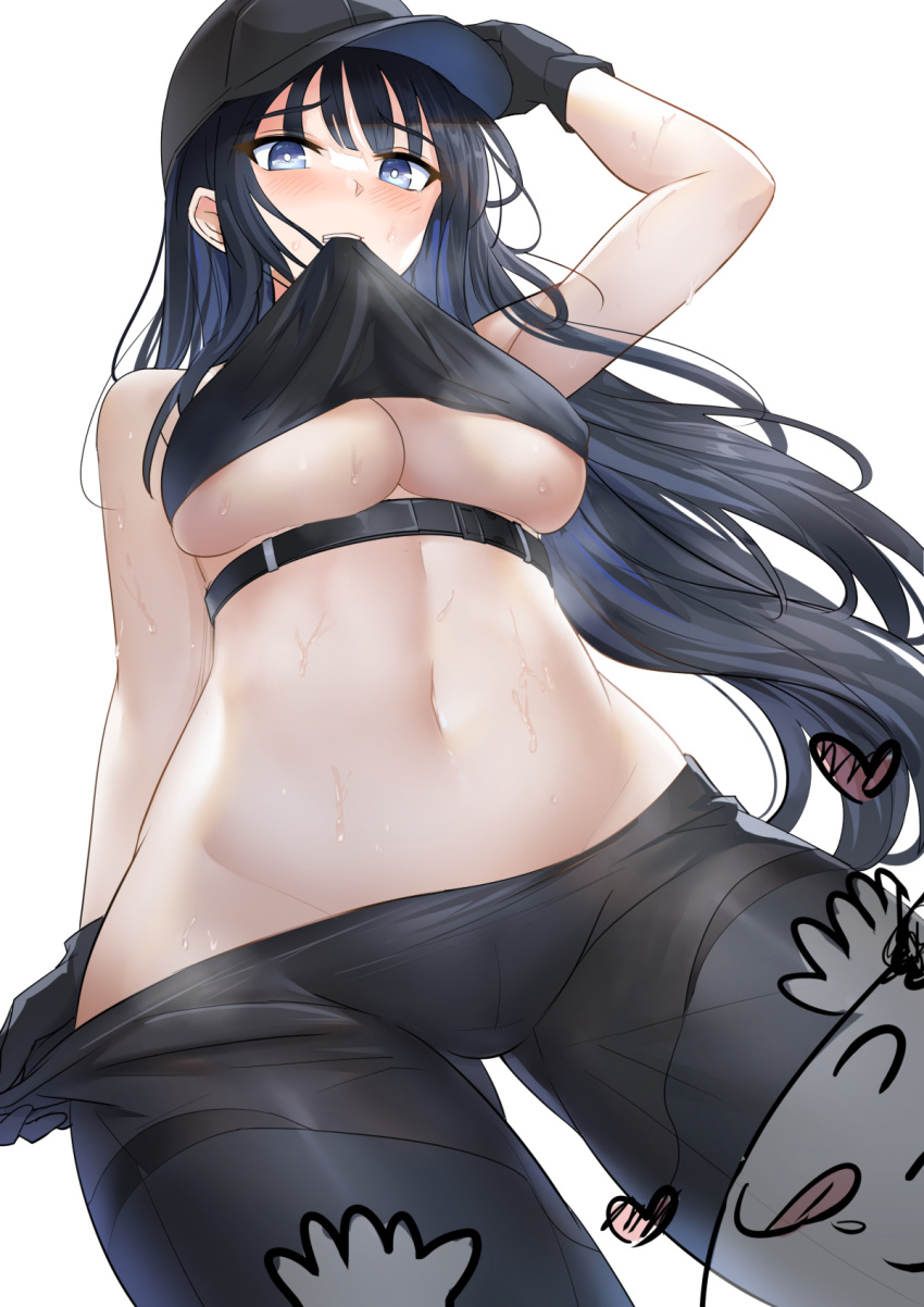 1girl arona's_sensei_doodle_(blue_archive) baseball_cap belt black_belt black_gloves black_hair black_headwear black_pants black_shirt blue_archive breasts cameltoe chest_harness clothes_lift clothes_pull crop_top from_above gloves hand_on_headwear harness hat highres long_hair midriff mouth_hold navel no_mask pants pants_pull saori_(blue_archive) sensei_(blue_archive) shirt shirt_lift sleeveless sleeveless_shirt snap-fit_buckle sweat tongue tongue_out underboob white_background yougen_kitsune