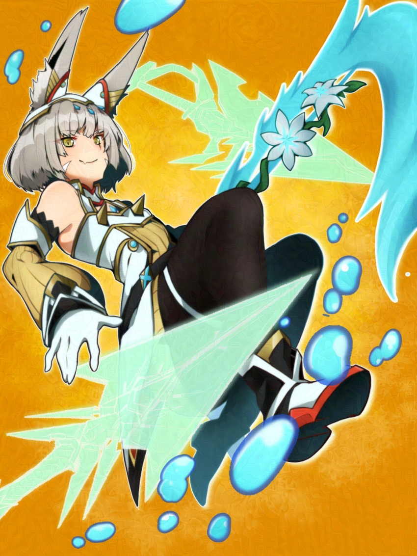 1girl aegis_sword_(xenoblade) animal_ears black_pantyhose bob_cut boots cat_ears catalyst_scimitar core_crystal_(xenoblade) detached_sleeves dress facial_mark fang floating floating_object floating_sword floating_weapon hairband highena highres holding holding_sword holding_weapon jumping legs_up nia_(xenoblade) orange_background pantyhose ribbed_dress short_hair skin_fang smile solo strap sword water water_drop weapon whisker_markings xenoblade_chronicles_(series) xenoblade_chronicles_2 xenoblade_chronicles_3 yellow_dress