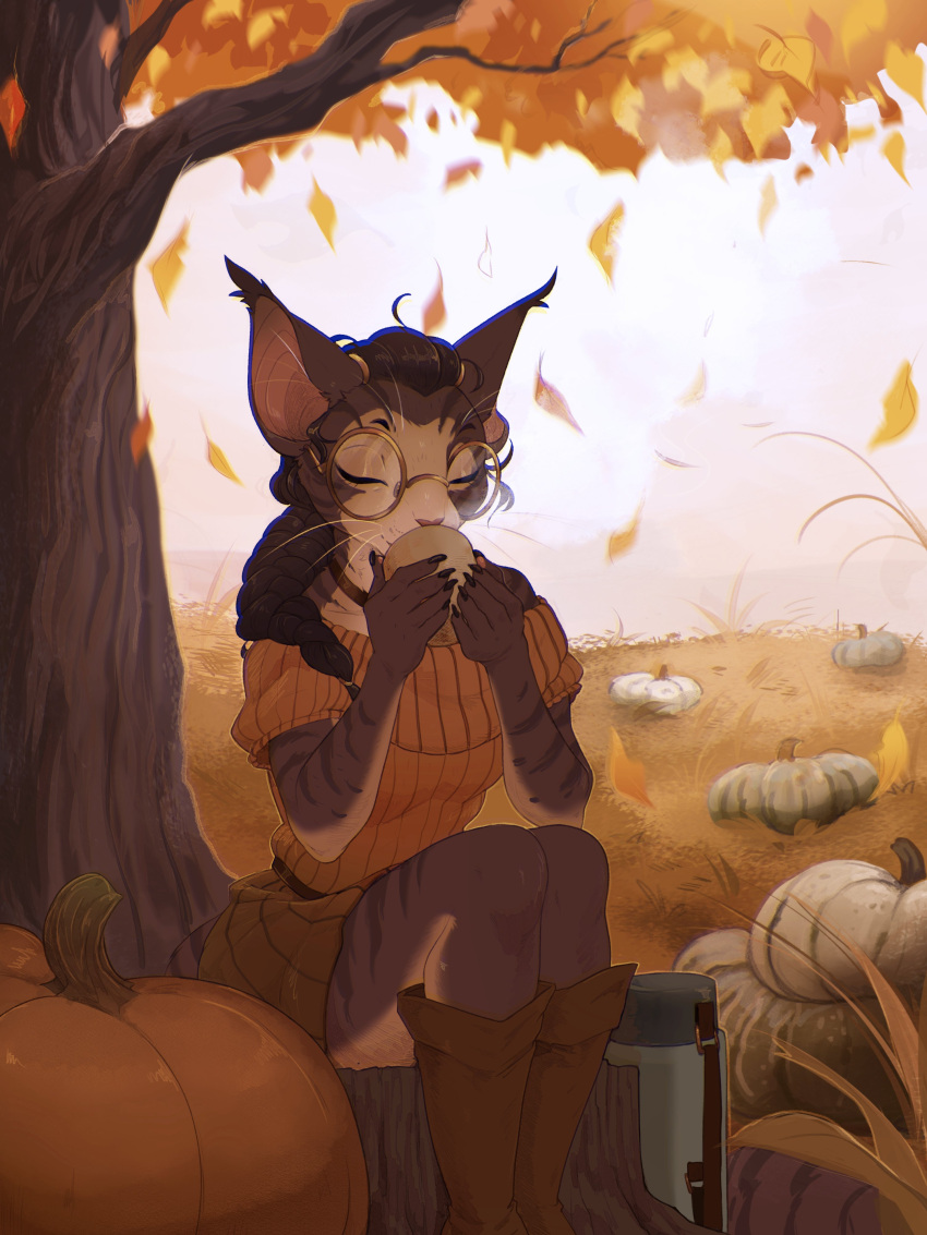 absurd_res anthro autumn big_ears boots bottomwear braided_hair braided_ponytail clothing digital_media_(artwork) domestic_cat drinking eyes_closed eyewear falling_leaves felid feline felis female food footwear fruit glasses hair hi_res holding_mug holding_object mammal mug outside pink_nose plant ponytail pumpkin pumpkin_patch round_glasses shoulderless_sweater sitting_on_stump skinny_female skirt steam striped_body stripes thermos tree under_tree whiskers whorgi