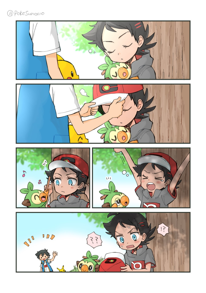 2boys ash_ketchum blue_eyes blue_jacket blush border bubble closed_mouth commentary_request day eyelashes goh_(pokemon) grey_shirt grookey hand_up hat highres jacket male_focus multiple_boys musical_note notice_lines outdoors pikachu pokemon pokemon_(anime) pokemon_(creature) pokemon_journeys pokesumomo red_headwear shirt short_sleeves sleeping sleeveless sleeveless_jacket t-shirt tearing_up tree twitter_username waking_up watermark waving white_border white_shirt