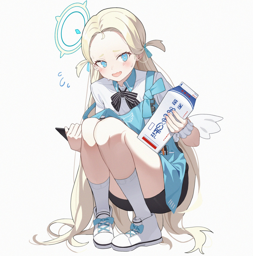 absurdres apron black_skirt blonde_hair blue_archive blush bow cyan_yu halo highres long_hair milk milk_carton nervous_sweating off_shoulder open_mouth pen shirt shoes simple_background single_off_shoulder skirt sneakers socks sora_(blue_archive) squatting sweat twintails white_background white_shirt white_socks