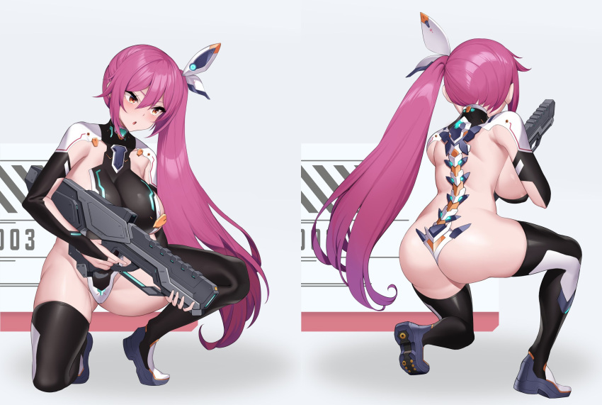 1girl :o ass black_thighhighs breasts bridal_gauntlets from_behind goddess_of_victory:_nikke gun hair_ornament highres holding holding_gun holding_weapon kirome_(kamipaper) kneeling large_breasts light_blush long_hair multiple_views new_(lk) open_mouth original pink_hair side_ponytail sideboob thighhighs very_long_hair weapon