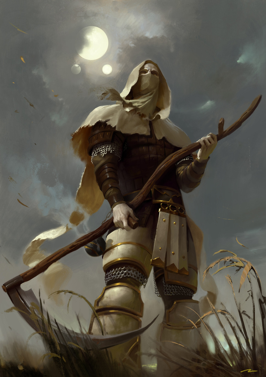 armor chainmail cloud cloudy_sky cuisses death_guard fume fumes gold_trim greaves highres holding holding_scythe hood leather_shirt leg_armor male_focus mortarion multiple_moons official_art oruam outdoors pale_skin pelvic_curtain primarch scar scythe sky sun warhammer_40k wheat white_armor wind