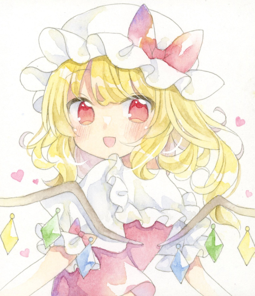 1girl :d blonde_hair blush bow commentary_request crystal flandre_scarlet hat hat_bow highres kagome_f long_hair looking_at_viewer looking_to_the_side one_side_up puffy_short_sleeves puffy_sleeves red_bow red_eyes red_vest shirt short_sleeves simple_background smile solo touhou upper_body vest white_background white_headwear white_shirt wings