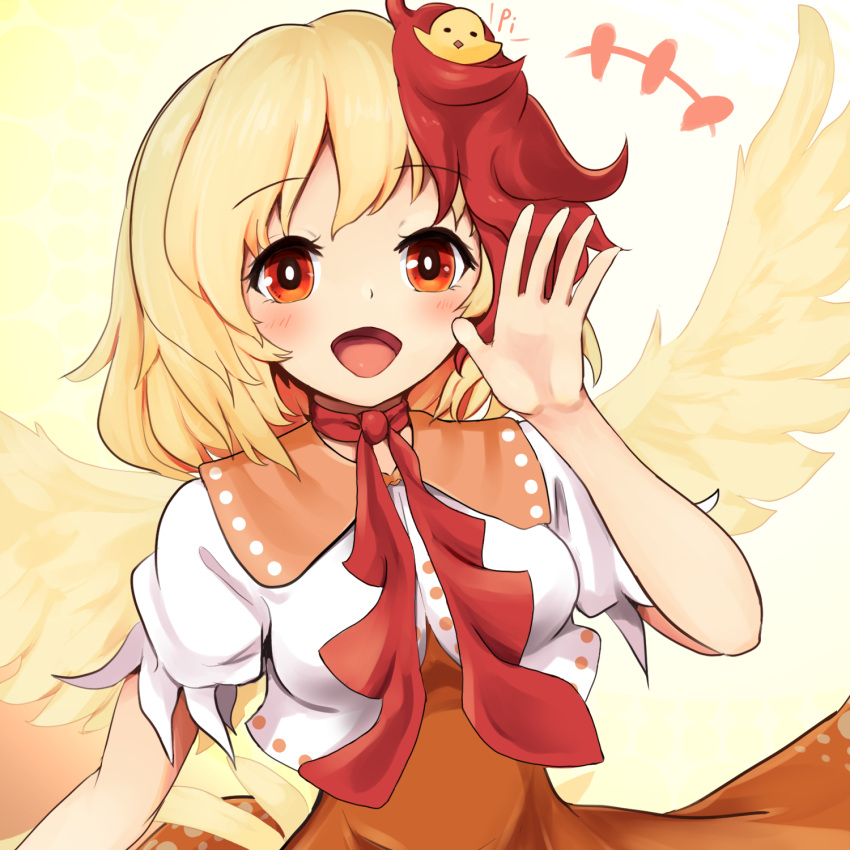 1girl animal_on_head bird bird_on_head bird_wings blonde_hair chick choker dress feathered_wings highres multicolored_hair nama_shirasu niwatari_kutaka on_head orange_dress orange_eyes red_hair red_ribbon ribbon ribbon_choker shirt short_hair smile solo touhou two-tone_hair white_shirt wings yellow_wings