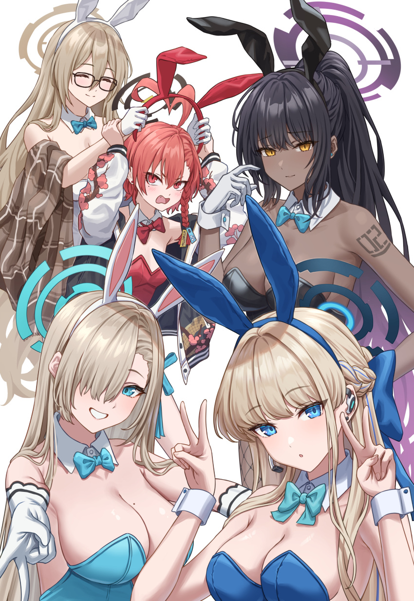 5girls ^_^ absurdres akane_(blue_archive) akane_(bunny)_(blue_archive) animal_ears aqua_bow aqua_bowtie asuna_(blue_archive) asuna_(bunny)_(blue_archive) black-framed_eyewear blue_archive blush bow bowtie cleaning_&amp;_clearing_(blue_archive) closed_eyes detached_collar double_v fake_animal_ears glasses gloves gyaru_v halo highres karin_(blue_archive) karin_(bunny)_(blue_archive) leotard looking_at_viewer multiple_girls neru_(blue_archive) neru_(bunny)_(blue_archive) official_alternate_costume playboy_bunny rabbit_ears simoumi_217 simple_background smile strapless strapless_leotard toki_(blue_archive) toki_(bunny)_(blue_archive) v white_background white_gloves wrist_cuffs