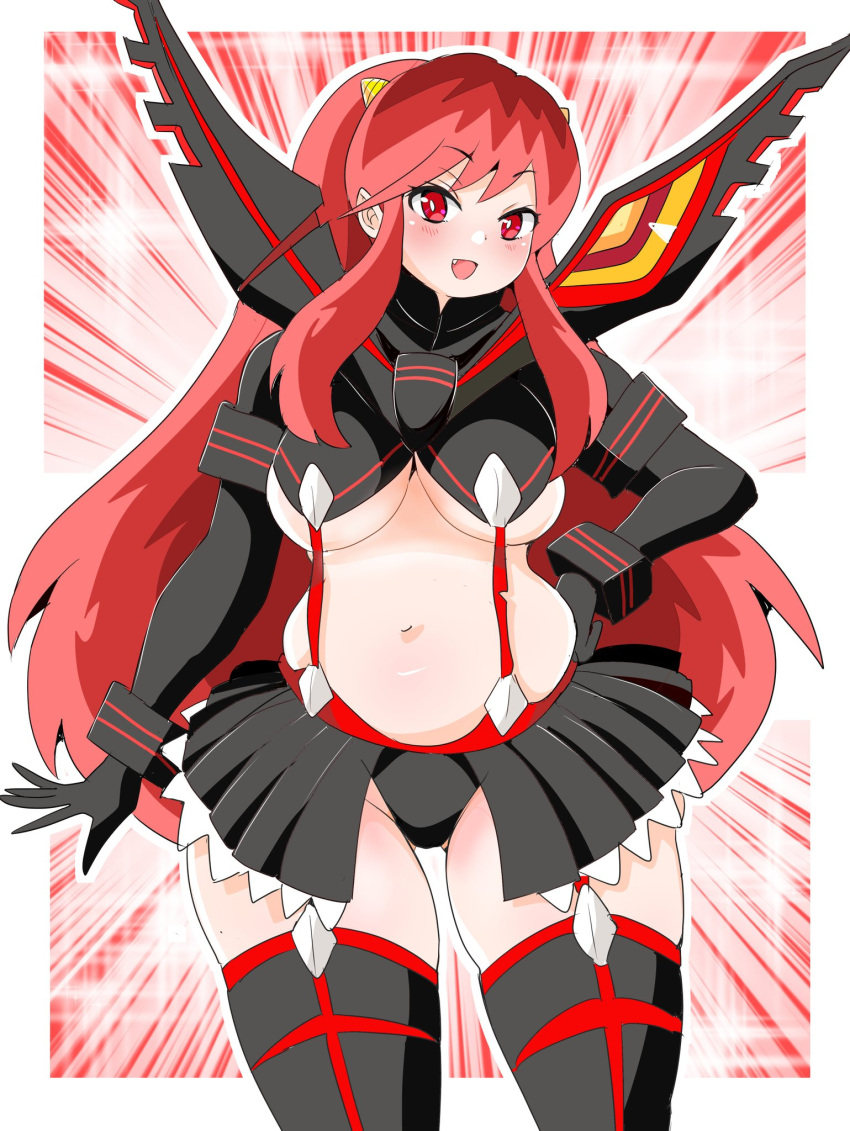 1boy 1girl alien ass_visible_through_thighs black_thighhighs breasts cosplay cowboy_shot curvy elbow_gloves fang garter_straps gloves hand_on_own_hip highres horns kill_la_kill life_fiber living_clothes long_hair looking_at_viewer lum matoi_ryuuko matoi_ryuuko_(cosplay) medium_breasts microskirt midriff multicolored_hair navel oni oni_horns plump pointy_ears red_background red_eyes red_hair revealing_clothes senketsu showgirl_skirt skirt starry_background thick_thighs thighhighs thighs toyishiki_shizuoka underboob urusei_yatsura