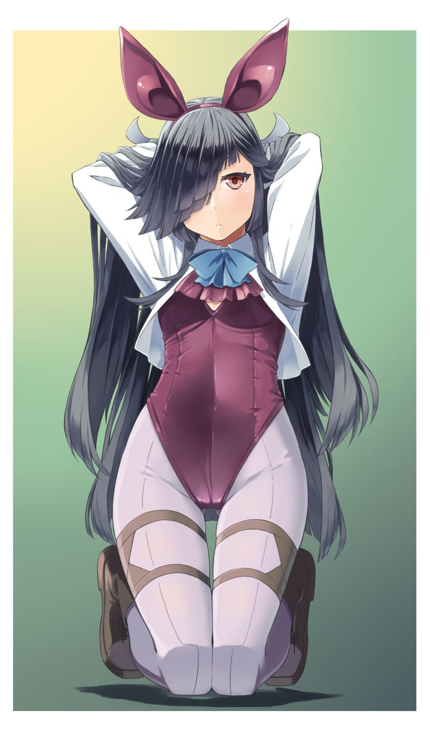 1girl absurdres adapted_costume alto-00 aqua_bow aqua_bowtie arms_behind_head ass_visible_through_thighs black_hair blush boots border bow bowtie breasts gradient_background green_background grey_pantyhose hair_over_one_eye hair_ribbon hayashimo_(kancolle) highres hime_cut kantai_collection kneeling leotard long_hair long_sleeves pantyhose pink_leotard playboy_bunny ribbon shirt small_breasts solo very_long_hair white_border white_ribbon