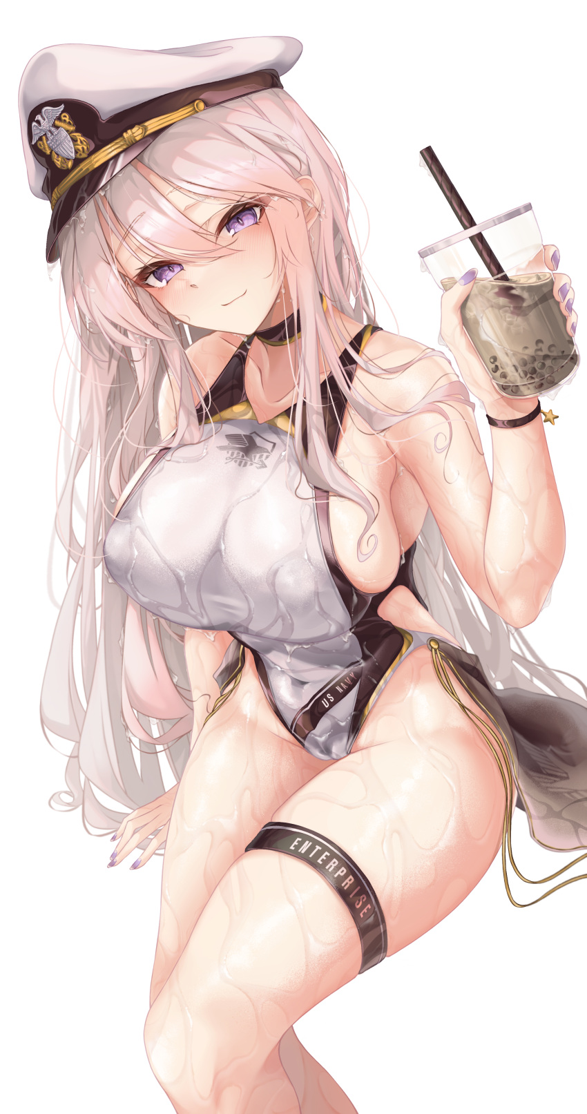 1girl absurdres alternate_costume azur_lane bare_shoulders black_choker blush breasts bubble_tea character_name choker collarbone competition_swimsuit drink eagle_union_(emblem) enterprise_(azur_lane) hat highres holding holding_drink large_breasts looking_at_viewer one-piece_swimsuit peaked_cap purple_eyes purple_nails ru_251 sideboob sidelocks simple_background sitting smile solo swimsuit thigh_strap thighs wet white_background white_hair white_headwear white_one-piece_swimsuit