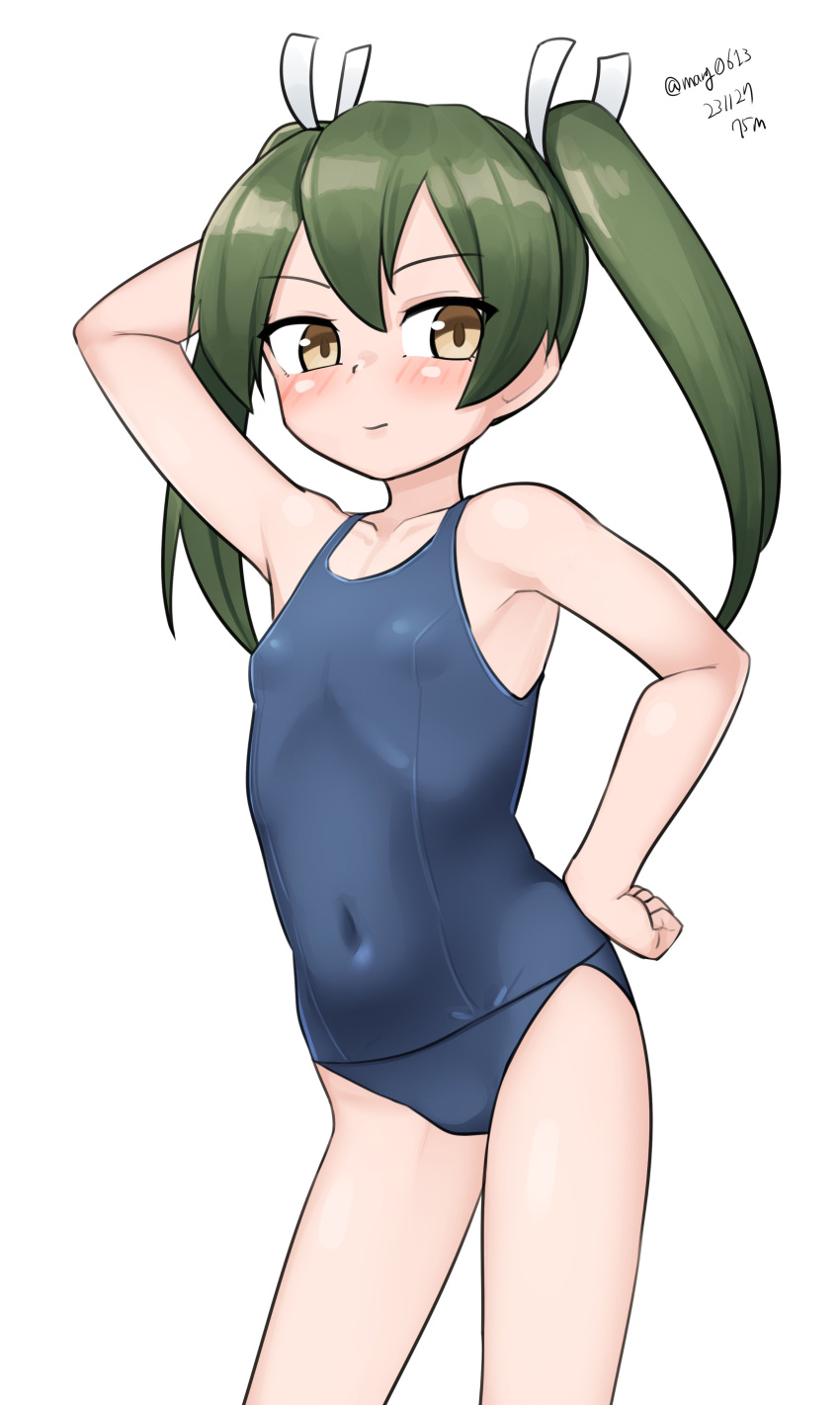 1girl absurdres blue_one-piece_swimsuit breasts brother_and_sister covered_navel feet_out_of_frame green_hair hair_ribbon highres kantai_collection long_hair maru_(marg0613) old_school_swimsuit one-hour_drawing_challenge one-piece_swimsuit ribbon school_swimsuit siblings simple_background small_breasts solo standing swimsuit twintails white_background zuikaku_(kancolle)