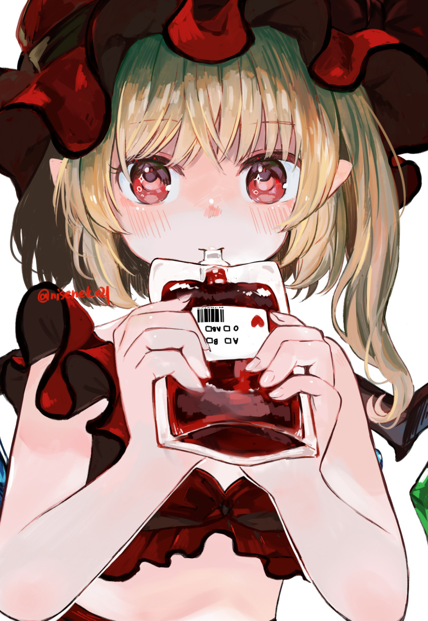 1girl bikini blonde_hair blood blush crystal drinking flandre_scarlet hat highres holding long_hair looking_at_viewer mob_cap niseneko_(mofumofu_ga_ienai) one_side_up pointy_ears red_bikini red_eyes red_headwear simple_background solo swimsuit touhou twitter_username upper_body white_background wings