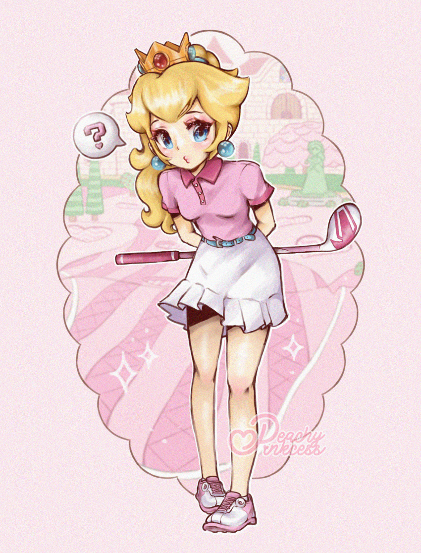 1girl ? aqua_belt aqua_eyes belt blonde_hair blush border breasts breasts_apart buttons collared_shirt crown earrings eyelashes eyeshadow film_grain flutterinreallife full_body heart highres jewelry long_hair looking_at_viewer makeup mario_(series) mario_golf mario_golf:_super_rush mario_golf:_world_tour mascara official_alternate_costume outline peach_gardens_(mario) pink_background pink_border pink_eyeshadow pink_footwear pink_shirt polo_shirt princess_peach princess_peach's_castle shirt shoes short_sleeves sidelocks skirt small_breasts sneakers socks solo sparkle speech_bubble spoken_heart spoken_question_mark standing watermark white_outline
