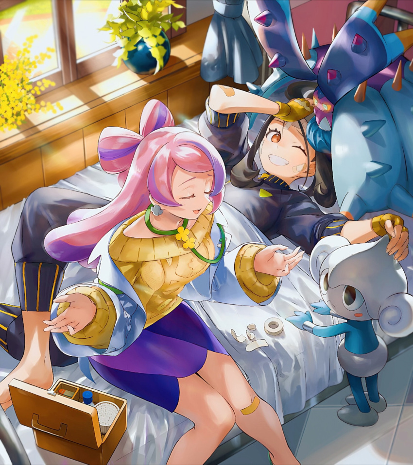 2girls bandaid bandaid_on_knee bandaid_on_leg barefoot bed black_jacket black_pants box closed_eyes coat commentary_request curtains dendra_(pokemon) earrings eyelashes fingerless_gloves gloves highres indoors jacket jewelry knees_together_feet_apart long_hair long_sleeves lying meditite miriam_(pokemon) multiple_girls on_back on_bed open_clothes open_coat orange_mikan pants pink_hair pokemon pokemon_(creature) pokemon_(game) pokemon_sv purple_skirt sitting skirt sweater toxapex window yellow_gloves yellow_sweater