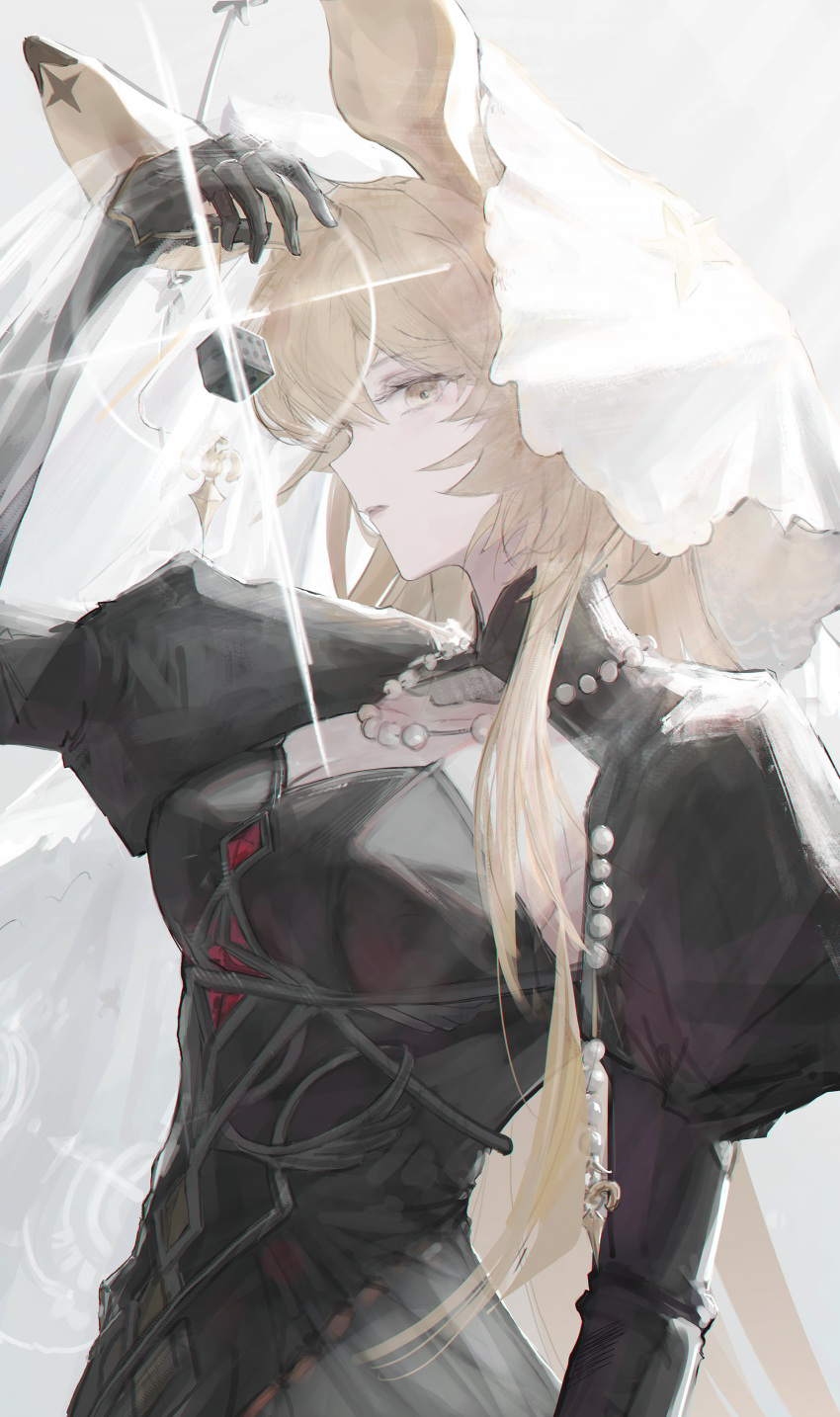 1girl absurdres animal_ears arknights black_dress blonde_hair breasts cleavage commentary dice dorothy_(arknights) dorothy_(hand_of_destiny)_(arknights) dress grey_background highres jewelry lens_flare long_hair long_sleeves looking_at_viewer medium_breasts mouse_ears mouse_girl necklace nueegochi parted_lips pearl_necklace puffy_sleeves sidelocks simple_background solo upper_body veil very_long_hair yellow_eyes