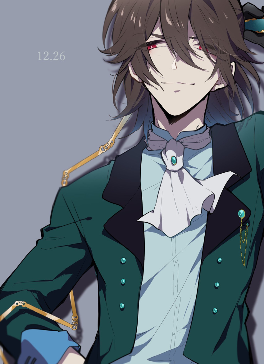 1boy ascot black_gloves blue_shirt brooch bungou_to_alchemist double-parted_bangs dress_shirt gloves green_jacket grey_background hair_between_eyes hand_on_own_hip hand_up highres holding holding_whip jacket jewelry kikuchi_kan_(bungou_to_alchemist) lapel_pin lapels looking_at_viewer male_focus medium_hair nekoma_hikaru notched_lapels open_clothes open_jacket red_eyes shirt simple_background sleeve_cuffs solo upper_body white_ascot