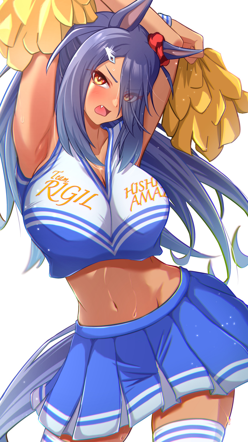 1girl absurdres animal_ears armpits arms_up black_hair blue_shirt blue_skirt blush breasts character_name cheerleader commentary_request cowboy_shot cropped_shirt dark-skinned_female dark_skin ear_scrunchie eve_on_k fang hair_ornament hairclip highres hishi_amazon_(umamusume) holding holding_pom_poms horse_ears horse_girl horse_tail large_breasts long_hair midriff_peek navel open_mouth pom_pom_(cheerleading) shirt simple_background skirt sleeveless sleeveless_shirt solo tail thighhighs umamusume white_background white_thighhighs yellow_eyes