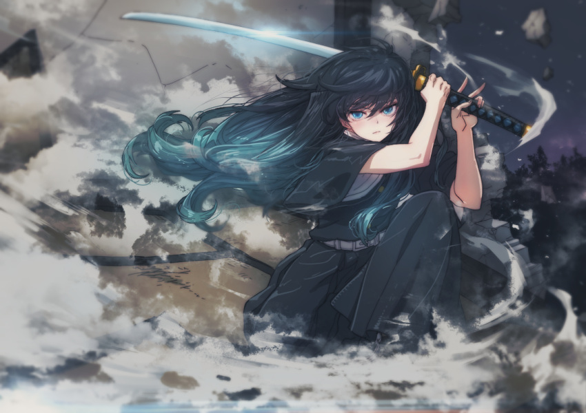 1boy androgynous aqua_eyes aqua_hair belt bishounen black_hair black_hakama black_jacket black_pants blue_eyes butcherboy closed_mouth commentary dust_cloud fighting_stance floating_hair full_body glint gradient_hair hakama hakama_pants hands_up holding holding_sword holding_weapon jacket japanese_clothes katana kimetsu_no_yaiba long_hair looking_at_viewer male_focus multicolored_hair night on_one_knee pants ruins short_sleeves solo sword tatami tokitou_muichirou tsuka-ito weapon white_belt wide_sleeves