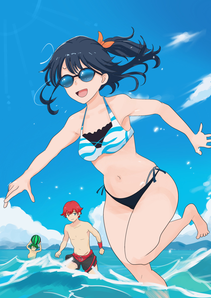 1girl 2boys absurdres animal_print bikini black_bikini_bottom black_hair blue_eyes blue_sky cloud goggles gridman_universe hibiki_yuuta highres kamome_renkon long_hair mismatched_bikini multiple_boys orange_scrunchie ponytail running scrunchie side-tie_bikini_bottom sky smile ssss.gridman swimsuit takarada_rikka tiger_print utsumi_shou wading water