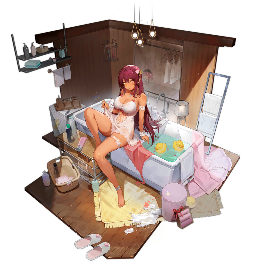 1girl anklet apron armband artist_request barefoot basket bath bathtub blush breasts bridal_garter cat_hair_ornament ceiling_light character_doll check_artist cleavage closed_mouth clothes_hanger dark-skinned_female dark_skin earrings fangdan_runiu faucet faux_figurine feet full_body girls'_frontline hair_between_eyes hair_ornament hair_ribbon highres indoors jewelry lampshade large_breasts light_bulb light_particles long_hair looking_at_viewer navel negligee official_alternate_costume official_art pearl_hair_ornament pink_apron pink_ribbon purple_hair ribbon rug saiga-12_(cleansing_waves_in_shallow_pool)_(girls'_frontline) saiga-12_(girls'_frontline) shelf sitting skirt_hold slippers soap_dispenser solo sparkle spill sticky_note third-party_source toes toothbrush towel towel_rack transparent_background trash_can unworn_apron unworn_slippers very_long_hair washing_machine water white_armband white_footwear white_negligee white_wrist_cuffs wooden_floor wooden_wall wrist_cuffs yellow_eyes yellow_ribbon