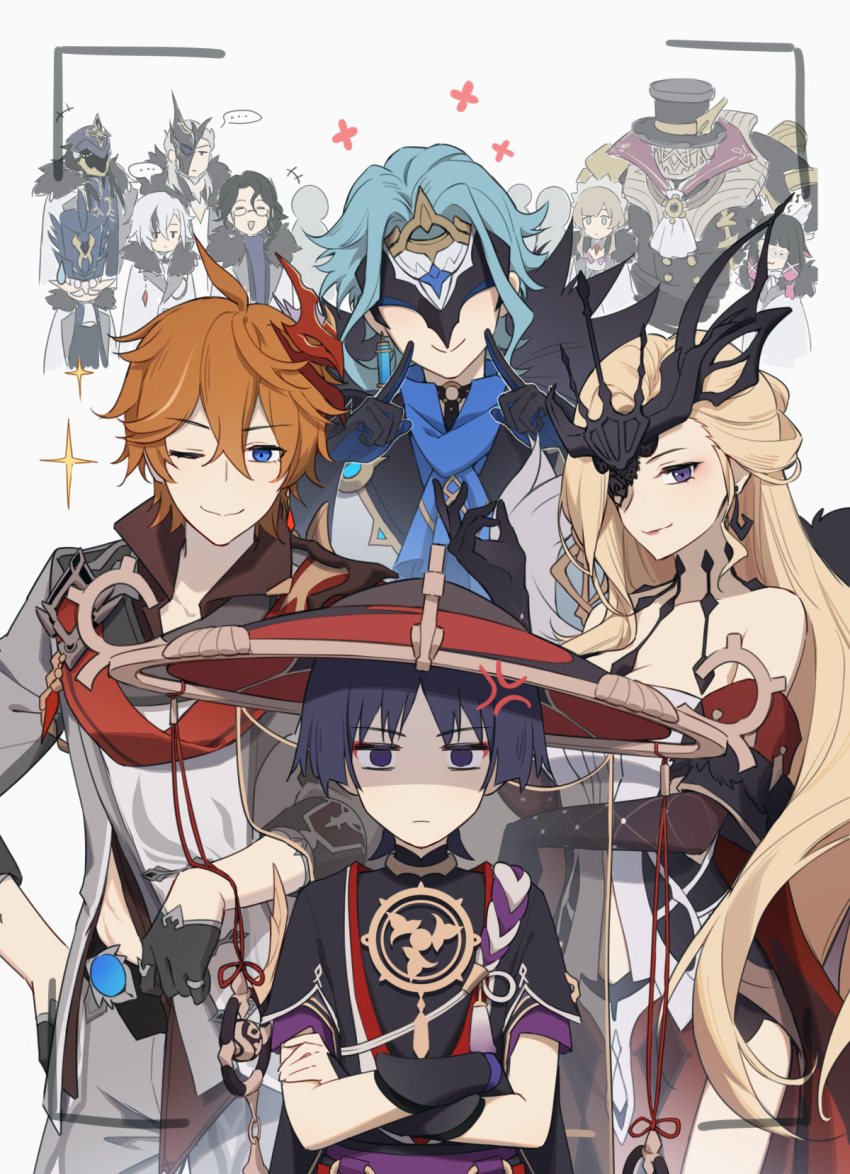 +++ ... 4girls 6+boys :3 :d ahoge anger_vein arlecchino_(genshin_impact) arm_on_shoulder armor asymmetrical_hair bare_shoulders beard black_gloves black_hair black_shirt blonde_hair blue_eyes blue_scarf blunt_ends blush capitano_(genshin_impact) closed_eyes closed_mouth coat collared_shirt columbina_(genshin_impact) commentary_request covered_eyes crossed_bangs crown dottore_(genshin_impact) dress earrings elbow_gloves expressionless eye_mask eyeshadow facial_hair frown fur-trimmed_coat fur_trim genshin_impact glasses gloves gradient_hair grey_jacket grey_pants hair_between_eyes half_gloves half_mask hand_up hands_on_own_face hands_up hat hei_lang highres hoop_earrings jacket japanese_armor japanese_clothes jewelry jingasa kote kurokote lapels long_hair looking_at_viewer makeup mask mask_on_head multicolored_hair multiple_boys multiple_girls mustache one_eye_closed one_eye_covered open_mouth orange_hair pantalone_(genshin_impact) pants parted_bangs pierro_(genshin_impact) pink_hair pointy_ears pulcinella_(genshin_impact) purple_eyes red_eyeshadow red_headwear red_mask red_ribbon red_shirt ribbon robot rope sandrone_(genshin_impact) scaramouche_(genshin_impact) scarf shaded_face shirt short_hair short_sleeves sidelocks signora_(genshin_impact) simple_background sleeves_rolled_up smile sparkle speech_bubble spoken_ellipsis standing strapless strapless_dress streaked_hair sweatdrop tartaglia_(genshin_impact) tassel tiara veil very_long_hair vision_(genshin_impact) white_background white_coat white_dress white_hair