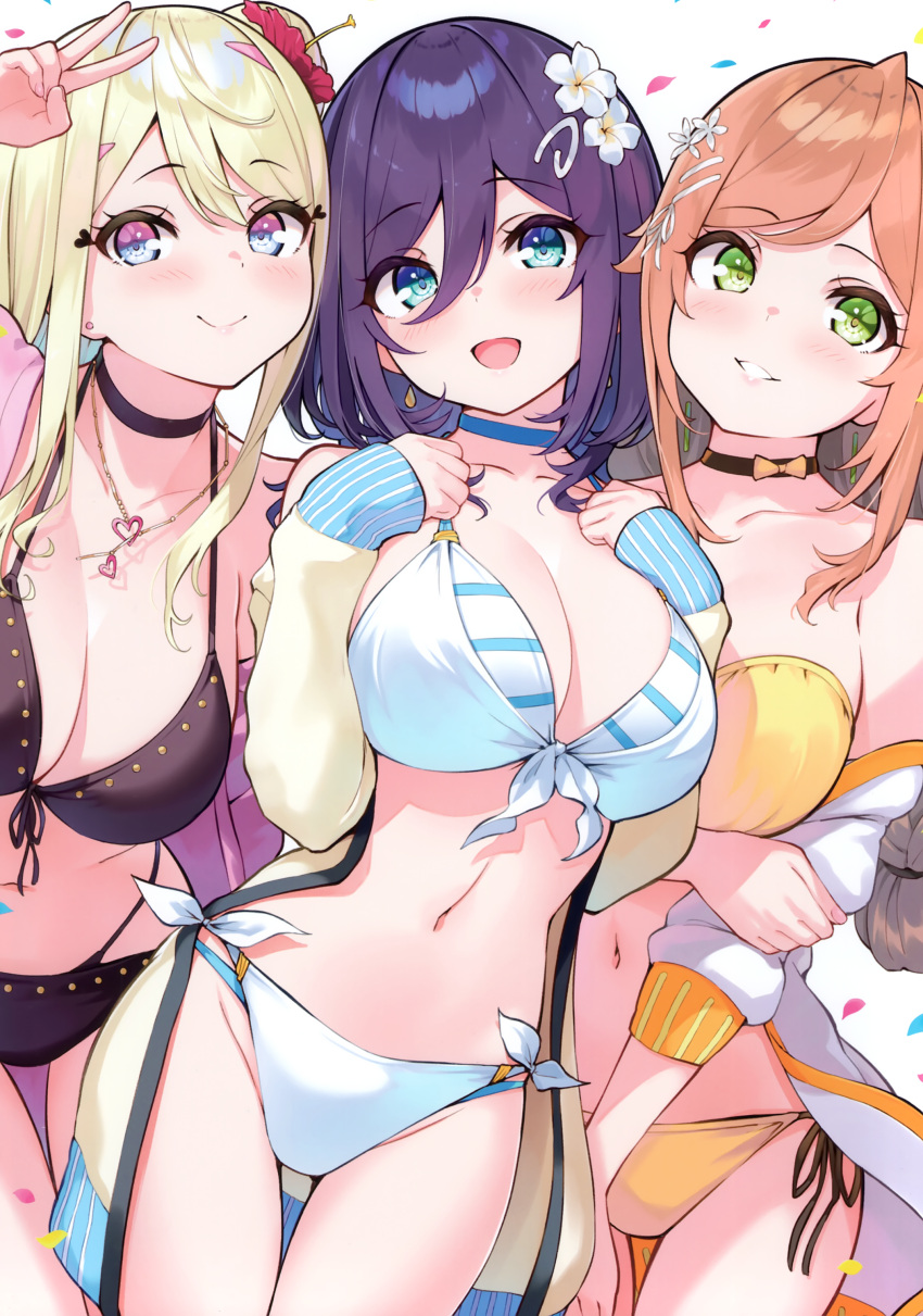 3girls absurdres bikini blonde_hair blue_eyes blue_hair breasts brown_hair choker cleavage closed_mouth collarbone flower front-tie_bikini_top front-tie_top green_eyes hair_flower hair_ornament hairclip hanamomo_yae_(hisen_kaede) hand_up hands_on_own_chest highres hisen_kaede jacket jewelry konno_uzu_(hisen_kaede) long_sleeves medium_breasts multiple_girls navel necklace off_shoulder open_clothes open_jacket original parted_lips scan simple_background smile solo stomach striped striped_bikini swimsuit tojo_senri_(hisen_kaede) v white_background