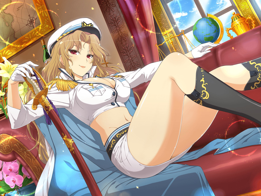 1girl balance_scale belt black_belt black_socks blonde_hair bottle breasts cleavage cloud coat coat_on_shoulders couch daidouji_(senran_kagura) day epaulettes flower globe gloves half_gloves hat highres large_breasts long_hair looking_at_viewer map midriff military_hat miniskirt mole mole_under_eye navel official_art pink_flower red_eyes sailor sailor_hat senran_kagura senran_kagura_new_link senran_kagura_shoujo-tachi_no_shin'ei sheath sheathed shirt sitting skirt smile socks solo sword tassel weapon weighing_scale window wine_bottle yaegashi_nan yellow_flower