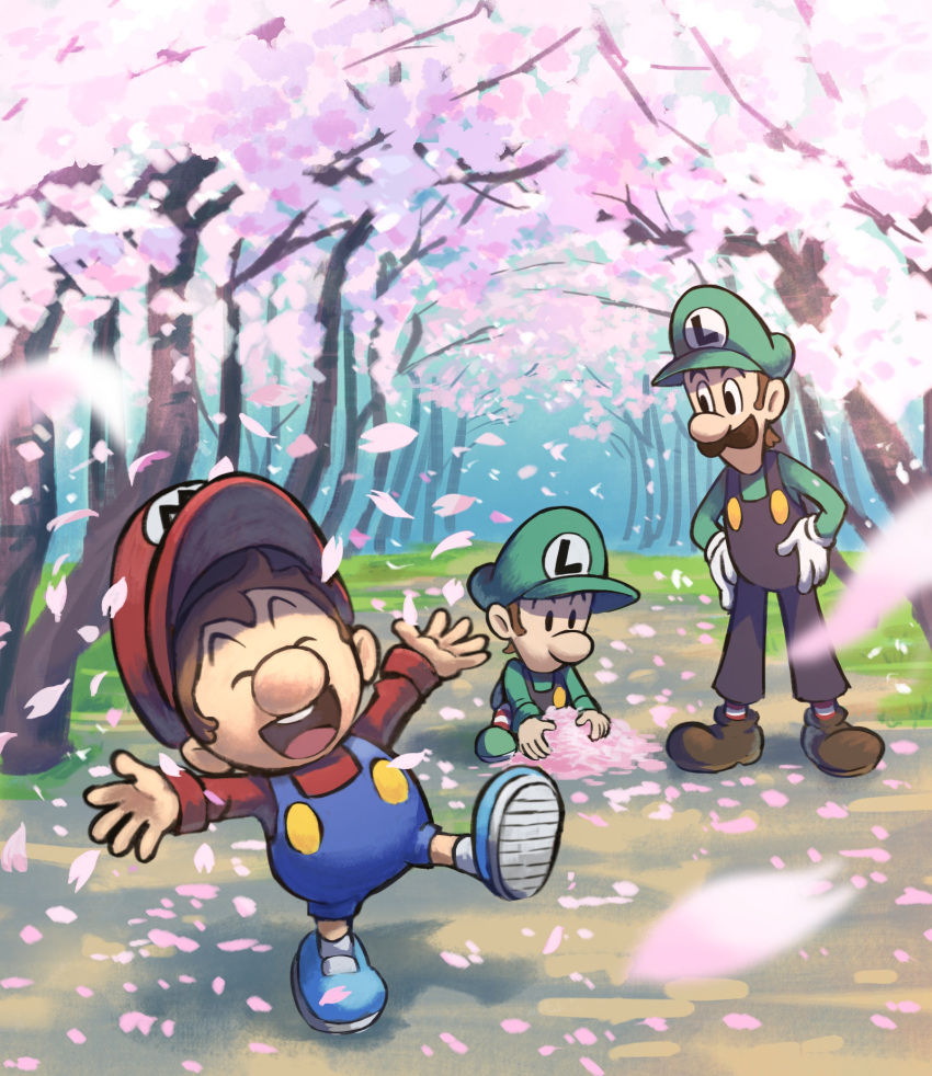 3boys baby_luigi baby_mario blue_overalls brown_hair cherry_blossoms closed_eyes facial_hair gloves green_headwear green_shirt hat highres luigi male_focus mario_&amp;_luigi:_superstar_saga mario_&amp;_luigi_rpg mario_(series) masanori_sato_(style) multiple_boys mustache open_mouth outdoors overalls red_headwear red_shirt shirt short_hair teeth tree upper_teeth_only white_gloves ya_mari_6363