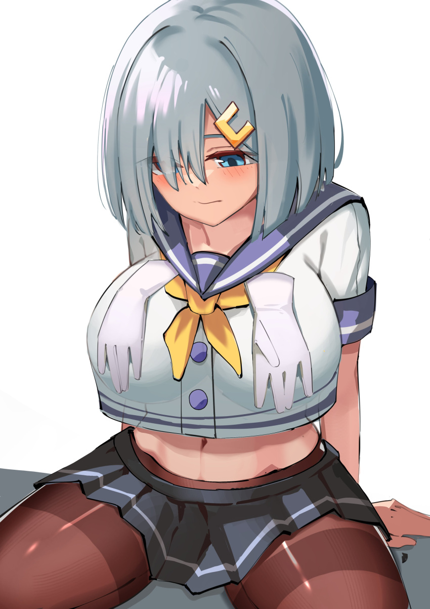 1girl absurdres black_pantyhose blue_eyes brown_pantyhose crop_top gloves gloves_removed grey_hair grey_sailor_collar grey_skirt hair_ornament hair_over_one_eye hairclip hamakaze_(kancolle) highres kantai_collection navel neckerchief pantyhose pleated_skirt sailor_collar school_uniform serafuku short_hair short_sleeves simplecar sitting skirt solo thighband_pantyhose white_gloves yellow_neckerchief