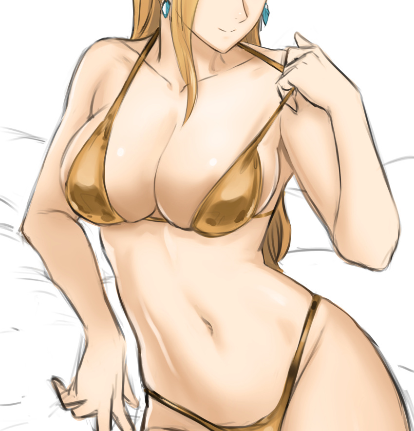 1girl absurdres bare_arms bare_shoulders bed_sheet bikini blonde_hair breasts cleavage collarbone commentary crystal_earrings dinelind_(drill_(emilio)) drill_(emilio) earrings gold_bikini groin head_out_of_frame highres jewelry large_breasts long_hair navel original smile solo stomach strap_pull swimsuit