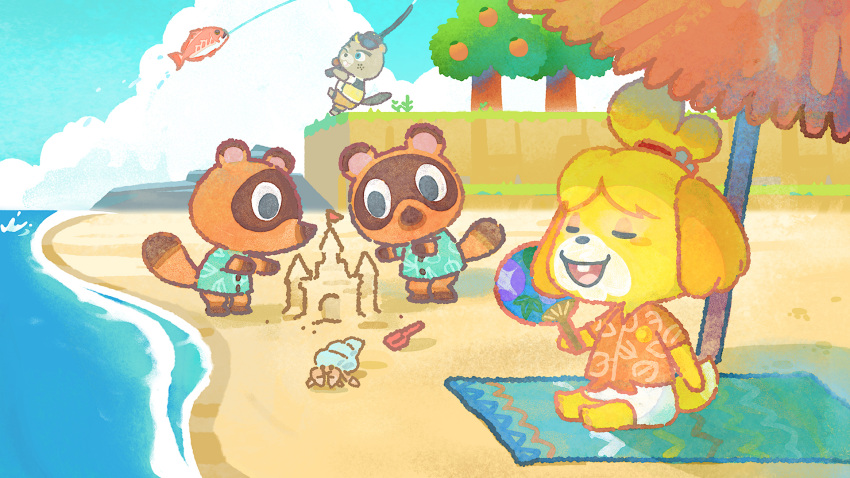 1girl 3boys animal_crossing animal_ears artist_request beach_towel beaver beaver_ears beaver_tail blonde_hair blue_eyes blue_sky buck_teeth buttons c.j._(animal_crossing) closed_eyes cloud dog dog_ears dog_tail fish fishing fishing_line fishing_rod flag food freckles fruit fruit_tree furry furry_female furry_male furry_with_furry grass green_shirt hand_fan hermit_crab highres holding holding_fishing_rod isabelle_(animal_crossing) leaf multiple_boys nintendo no_mouth no_pants no_shoes ocean official_art one_eye_closed open_mouth orange_(fruit) orange_shirt orange_shorts orange_tree outdoors raccoon_ears raccoon_tail relaxing rock sand sand_castle sand_sculpture shirt short_sleeves shorts siblings skirt sky squatting tail tanuki teeth timmy_(animal_crossing) tommy_(animal_crossing) towel tree twins umbrella under_umbrella upper_teeth_only white_skirt