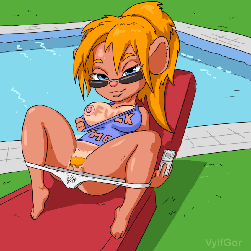 anthro anthro_focus big_breasts blonde_hair blue_eyes bottomwear breasts chip_'n_dale_rescue_rangers clothing condom disney eyewear feet female female_focus fur gadget_hackwrench glasses grass hair half-closed_eyes hi_res long_hair looking_at_viewer mammal mouse murid murine narrowed_eyes nipples pants plant pool rodent sexual_barrier_device solo solo_focus sunglasses tan_arms tan_body tan_legs text vylfgor
