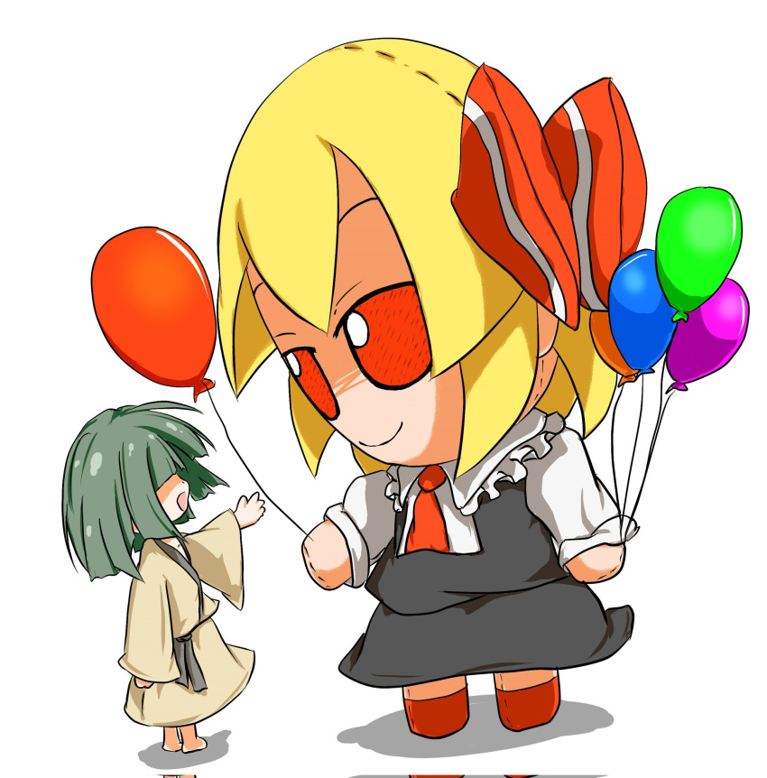 2girls ascot balloon barefoot black_skirt black_vest blonde_hair closed_mouth cosplay frilled_shirt_collar frills from_side full_body fumo_(doll) green_hair highres holding holding_balloon kusa_tsuku looking_at_another multiple_girls open_mouth puffy_short_sleeves puffy_sleeves red_ascot red_eyes red_footwear rumia rumia_(cosplay) shirt short_sleeves simple_background skirt skirt_set standing touhou vest white_background white_shirt