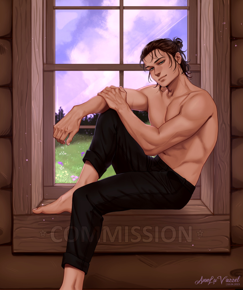 1boy abs absurdres annlu_vazzel artist_name barefoot blue_eyes brown_hair clip_studio_paint_(medium) commentary commission dated english_commentary eren_yeager flower grass hair_bun highres male_focus muscular muscular_male purple_sky shingeki_no_kyojin single_hair_bun sitting sky smile solo topless_male watermark windowsill