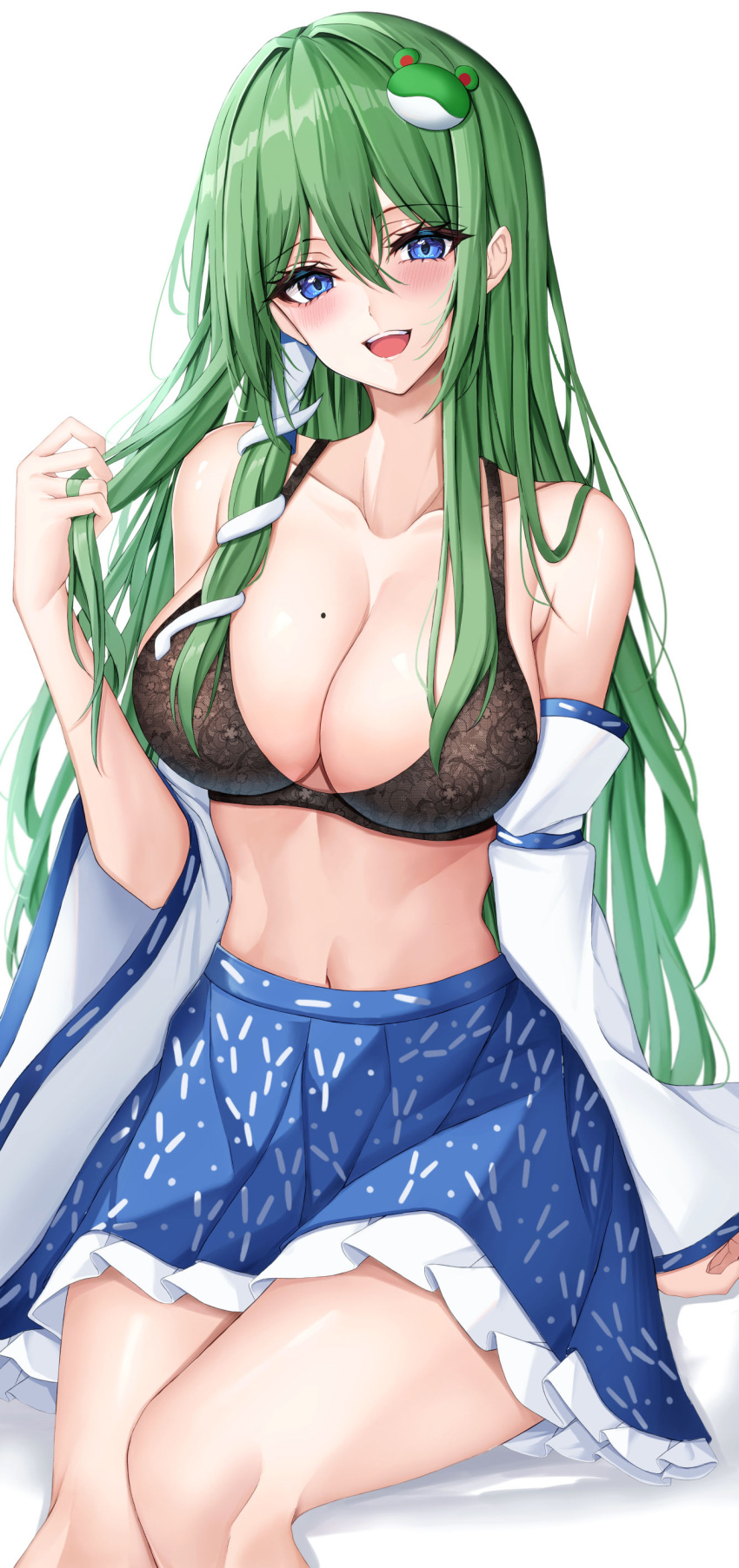 1girl 7saki absurdres bikini black_bikini blue_eyes blue_skirt breasts cleavage detached_sleeves frog_hair_ornament green_hair hair_between_eyes hair_ornament hand_in_own_hair highres kochiya_sanae large_breasts long_hair long_sleeves looking_at_viewer mole mole_on_breast navel open_mouth simple_background single_detached_sleeve sitting skirt smile solo swimsuit touhou white_background