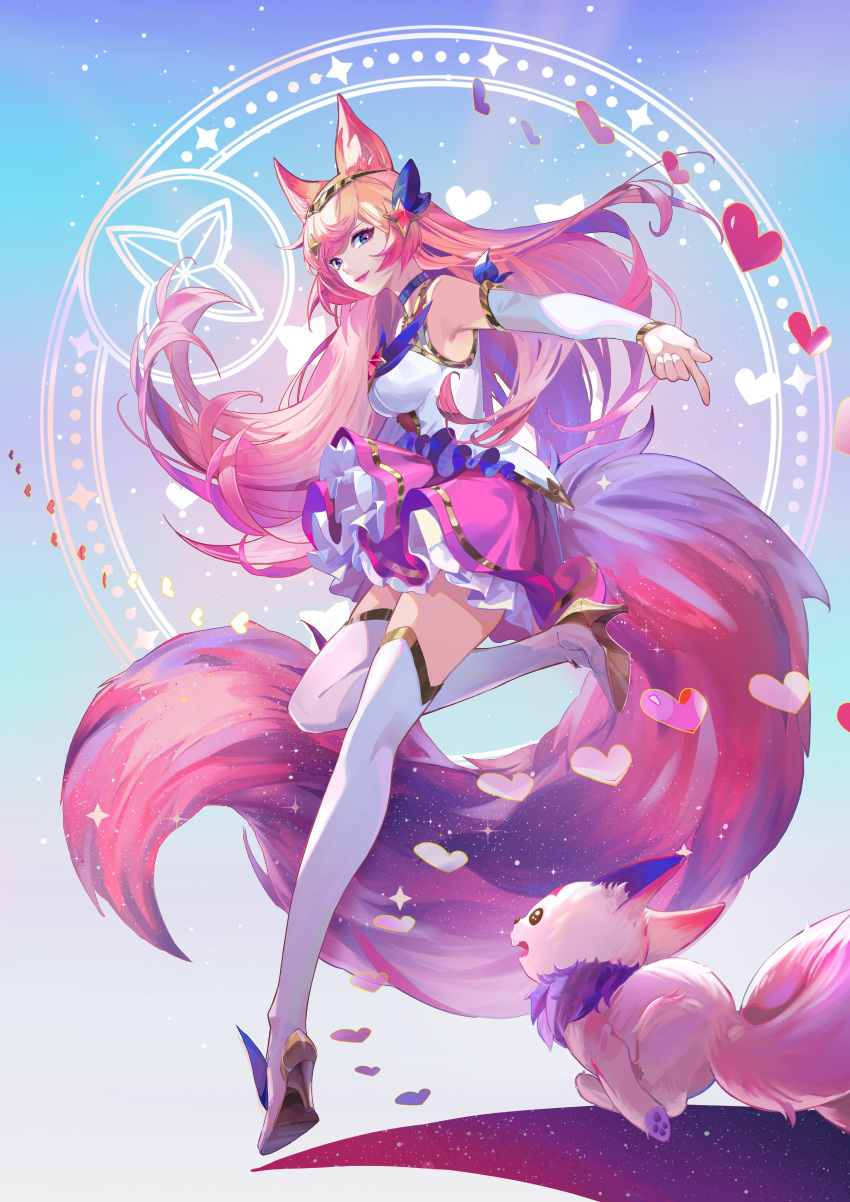 1girl absurdres ahri_(league_of_legends) alternate_costume animal_ears artist_request bare_shoulders blonde_hair blue_eyes boots breasts brooch choker closed_mouth eyelashes eyeshadow floating_hair fox_ears fox_girl fox_tail hair_between_eyes hair_ornament heart high_heel_boots high_heels highres jewelry league_of_legends long_hair looking_at_viewer makeup medium_breasts multicolored_hair nail_polish official_alternate_costume official_art orange_hair outstretched_arm pink_lips pink_nails pink_skirt pointing pointing_at_viewer skirt sleeveless smile solo sparkle standing standing_on_one_leg star_brooch star_guardian_(league_of_legends) star_guardian_ahri tail thighhighs white_footwear white_thighhighs