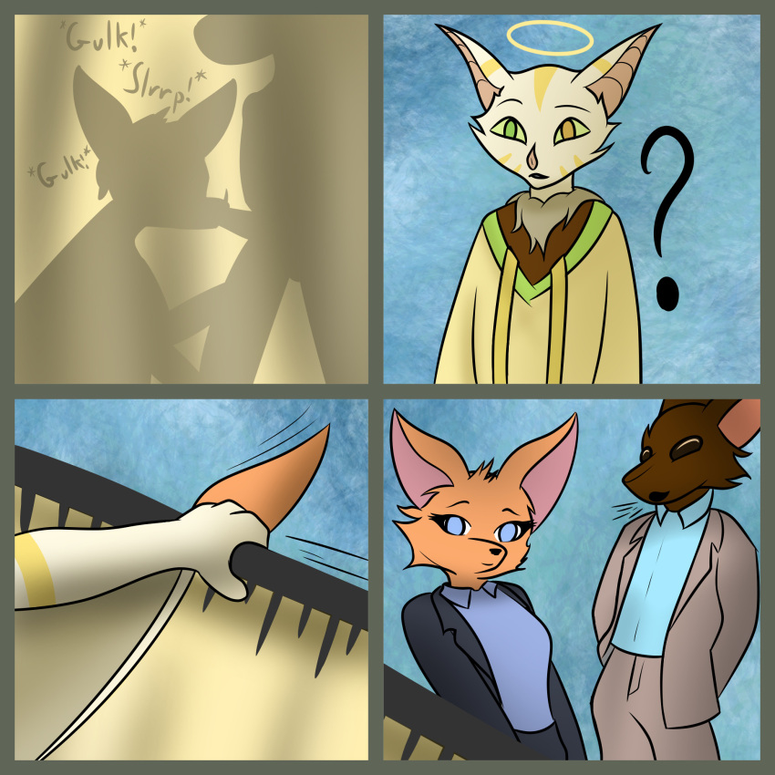 4-panel angel anthro bat bat_ears bat_nose big_ears canid canine capybara caught caviid clothing comic confusion curtains doli duo ears_up fellatio female first_person_view fox halo heterochromia hi_res levi_(doli) male male/female mammal motion_lines neck_tuft oral penile question_mark robe rodent sex shaded shadow silhouette simple_background simple_coloring simple_shading stealth_sex suit tuft whistling winged_arms wings