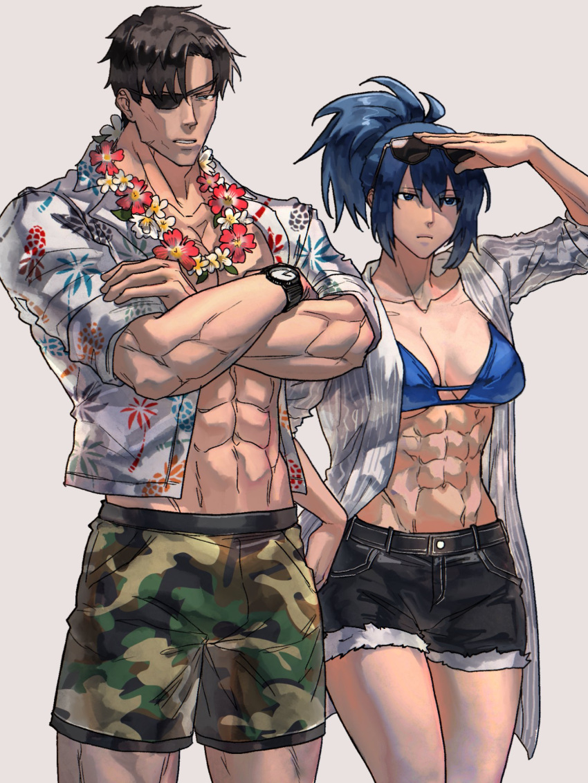 1boy 1girl abs alternate_costume black_hair blue_bra blue_eyes blue_hair bra breasts camouflage clock crossed_arms eyepatch eyewear_on_head father_and_daughter floral_print flower flower_necklace hawaiian_shirt heidern highres leona_heidern mature_male midriff muscular muscular_female muscular_male navel open_clothes open_shirt ponytail print_shirt shirt short_hair shorts sunglasses syachiiro the_king_of_fighters underwear